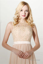 Long Chiffon Champagne Prom Dresses With Lace Bodice