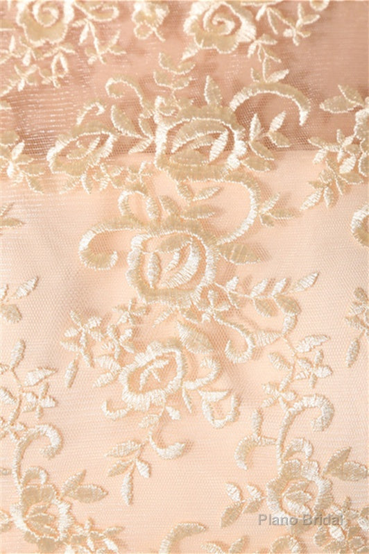 Long Chiffon Champagne Prom Dresses With Lace Bodice