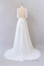 Long Empire A-line V-neck Lace Chiffon Open Back Wedding Dress
