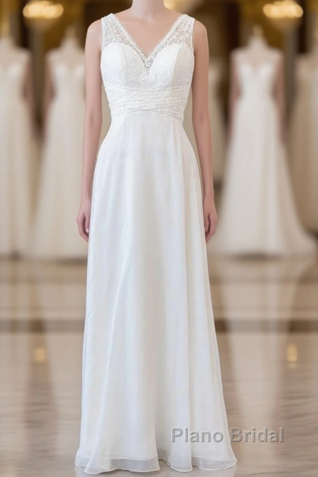 Long Empire A-line V-neck Lace Chiffon Open Back Wedding Dress