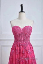 Long Fuchsia Formal Prom Dresses Strapless A-Line Floral Formal Wear Slit