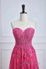 Long Fuchsia Formal Prom Dresses Strapless A-Line Floral Formal Wear Slit