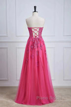 Long Fuchsia Formal Prom Dresses Strapless A-Line Floral Formal Wear Slit