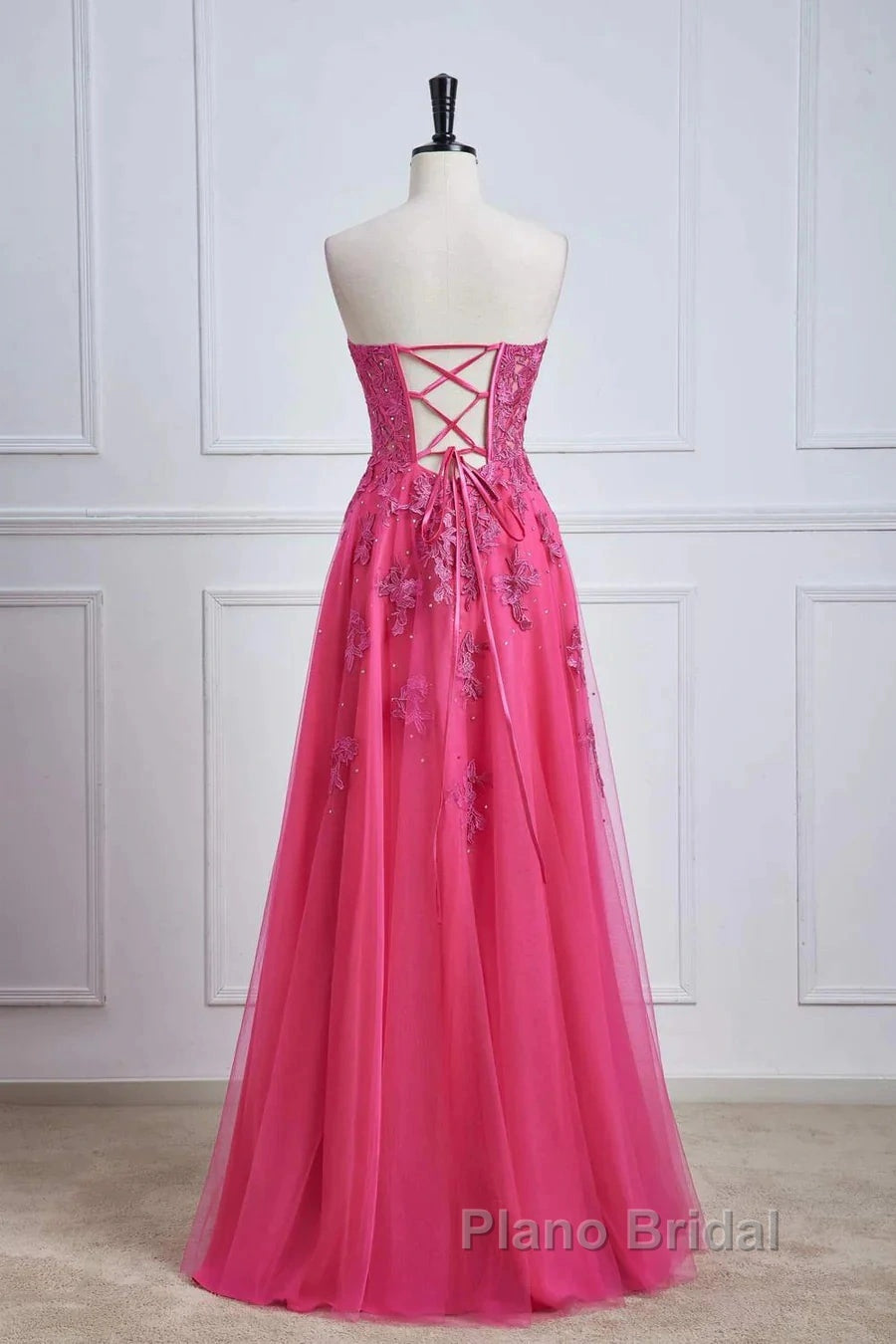 Long Fuchsia Formal Prom Dresses Strapless A-Line Floral Formal Wear Slit