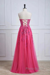 Long Fuchsia Formal Prom Dresses Strapless A-Line Floral Formal Wear Slit