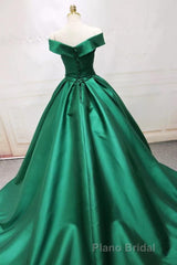 Long Green Satin V-neck Ball Gowns Formal Prom Dresses Off The Shoulder