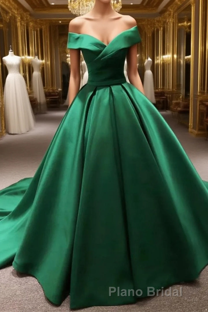 Long Green Satin V-neck Ball Gowns Formal Prom Dresses Off The Shoulder