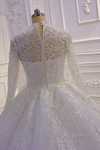 Long High neck Appliques Lace Ball Gown Wedding Dress with Sleeves