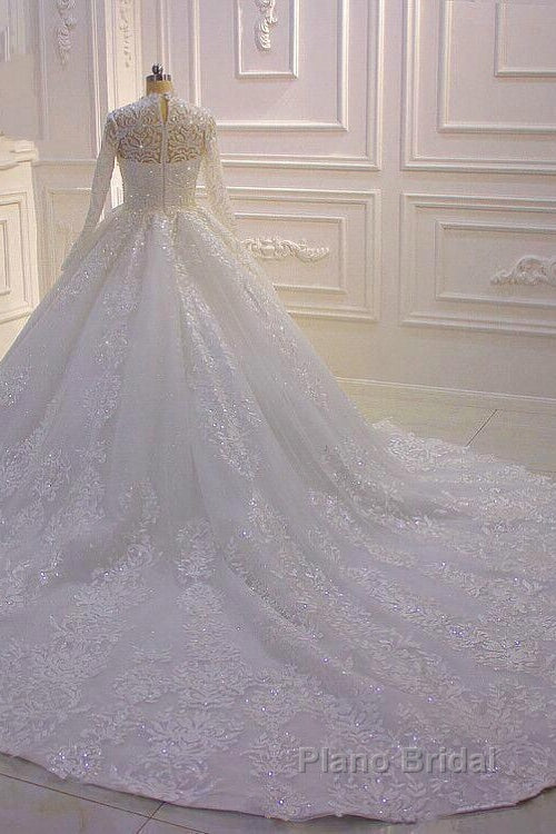Long High neck Appliques Lace Ball Gown Wedding Dress with Sleeves