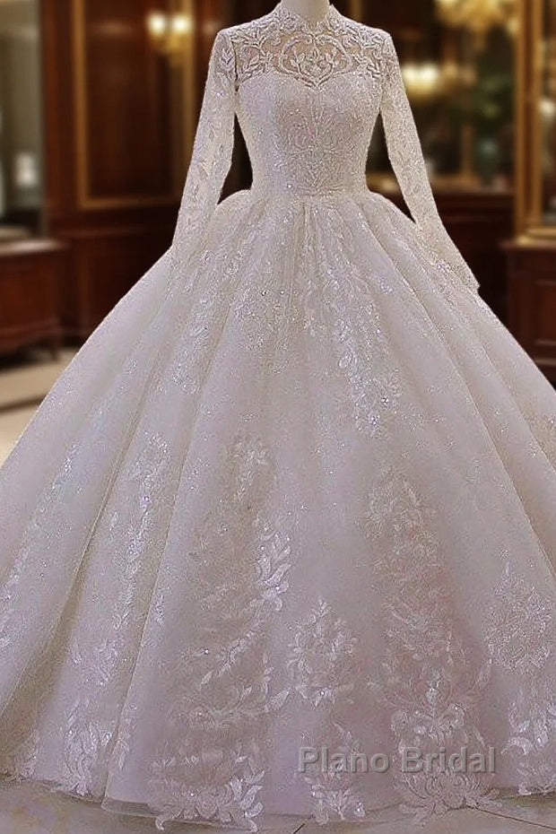 Long High neck Appliques Lace Ball Gown Wedding Dress with Sleeves Main image
