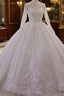 Long High neck Appliques Lace Ball Gown Wedding Dress with Sleeves