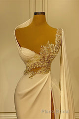 Long Mermaid Asymmetrical Ruffles Beading Satin Formal Prom Dresses With High Slit