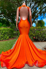 Long Mermaid Deep Sequined V-neck Stretch Satin Backless Formal Prom Dresses with Appliques