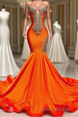 Long Mermaid Deep Sequined V-neck Stretch Satin Backless Formal Prom Dresses with Appliques