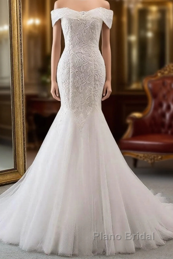Long Mermaid Off the Shoulder Appliques Lace Tulle Wedding Dress Main image