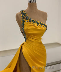Long Mermaid One Shoulder Beading Backless Formal Prom Dresses with Slit