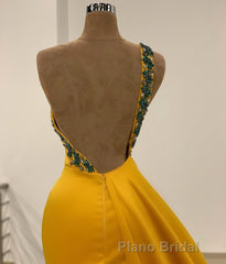 Long Mermaid One Shoulder Beading Backless Formal Prom Dresses with Slit