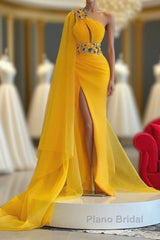 Long Mermaid One Shoulder Beading Tulle Formal Prom Dress with Slit