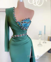 Long Mermaid One Shoulder Front Slit Formal Prom Dress With Sleeves