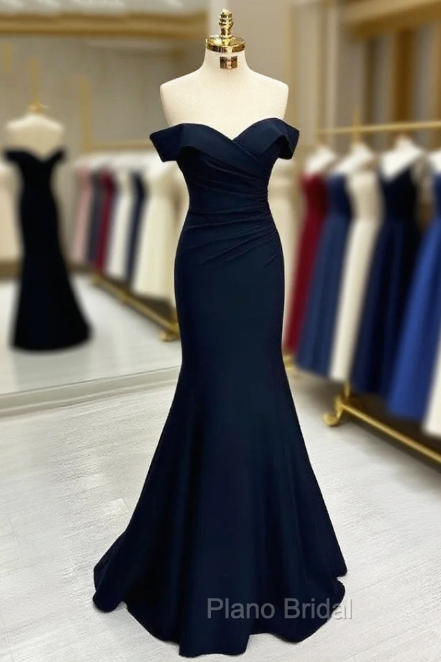 Long Mermaid Formal Prom Dresses Navy Blue Off-the-shoulder Sweetheart Sleeveless