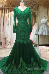 Long Mermaid Sequin Beaded Green Formal Prom Dresses With Sleeves Lace Formal Dresses
