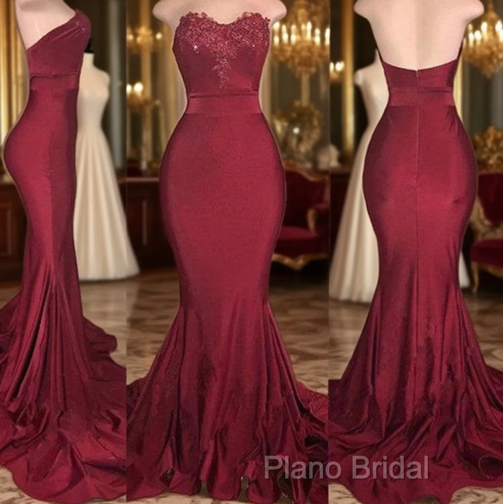 Long Mermaid Strapless Burgundy Formal Prom Dresses