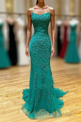 Long Mermaid Strapless Tulle Open Back Lace Formal Prom Dresses