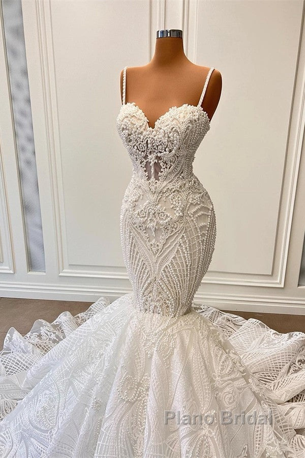 Long Mermaid Sweetheart Spaghetti Straps Tulle Beading Wedding Dress with Ruffles Secondary image