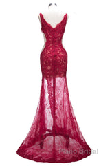 Long Mermaid V-neck Lace Appliques Formal Prom Dresses with Slit