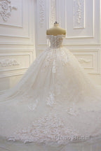 Long Off the Shoulder Sweetheart Ball Gown Sequin Appliques Lace Wedding Dress