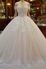 Long Off the Shoulder Sweetheart Ball Gown Sequin Appliques Lace Wedding Dress