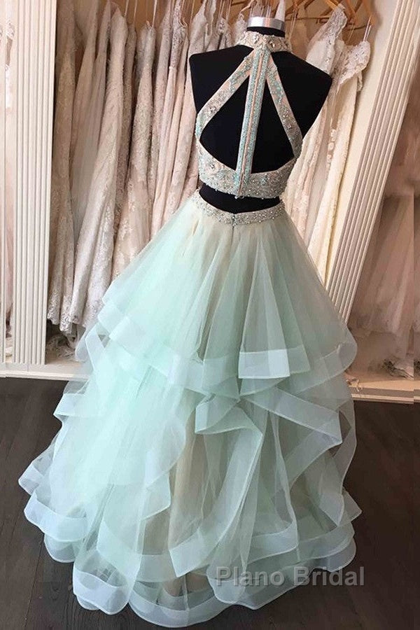 Long Open Back Mint Two Piece High Neck Organza Formal Prom Dresses Secondary image