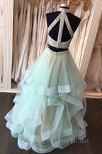 Long Open Back Mint Two Piece High Neck Organza Formal Prom Dresses