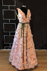 Long Pink 3D Flowers V-Neck Dresses