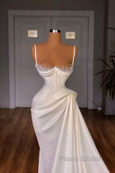 Long Pleated Satin Evening Dresses White Mermaid Formal Prom Dresses Secondary image