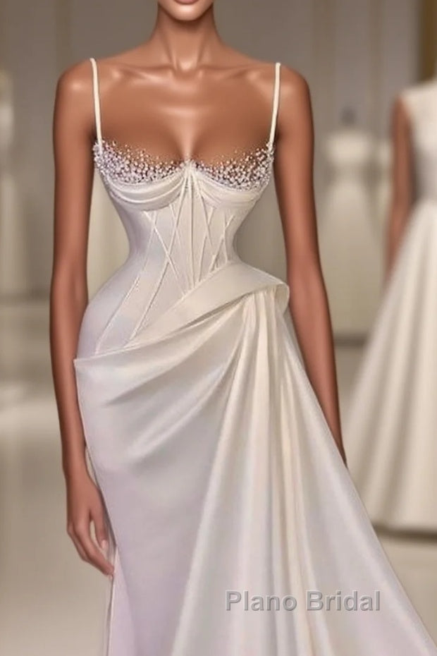 Long Pleated Satin Evening Dresses White Mermaid Formal Prom Dresses Main image