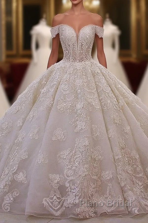 Long Princess Sweetheart Off-the-Shoulder Backless Appliques Lace Ruffles Tulle Wedding Dress Main image