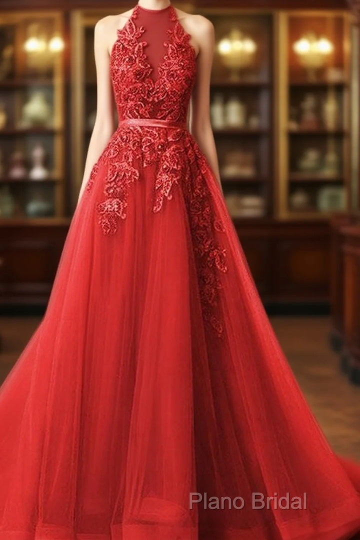 Long Formal Prom Dresses Halter Brush Train Simple Lace Formal Prom Dresses Main image