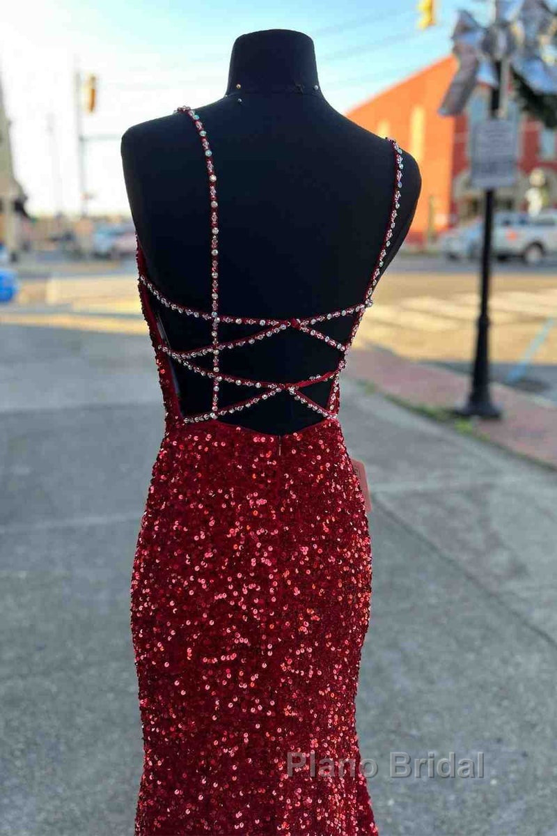 Long Formal Prom Dresses Red Sequins Beaded Mermaid Evening Dresses Straps
