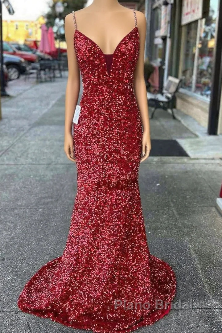 Long Formal Prom Dresses Red Sequins Beaded Mermaid Evening Dresses Straps Main image