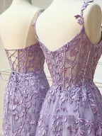 Long Purple Lace Formal Prom Dresses,Unique A Line Formal Evening Dresses