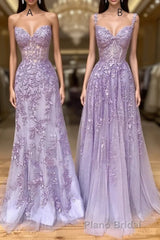 Long Purple Lace Formal Prom Dresses,Unique A Line Formal Evening Dresses