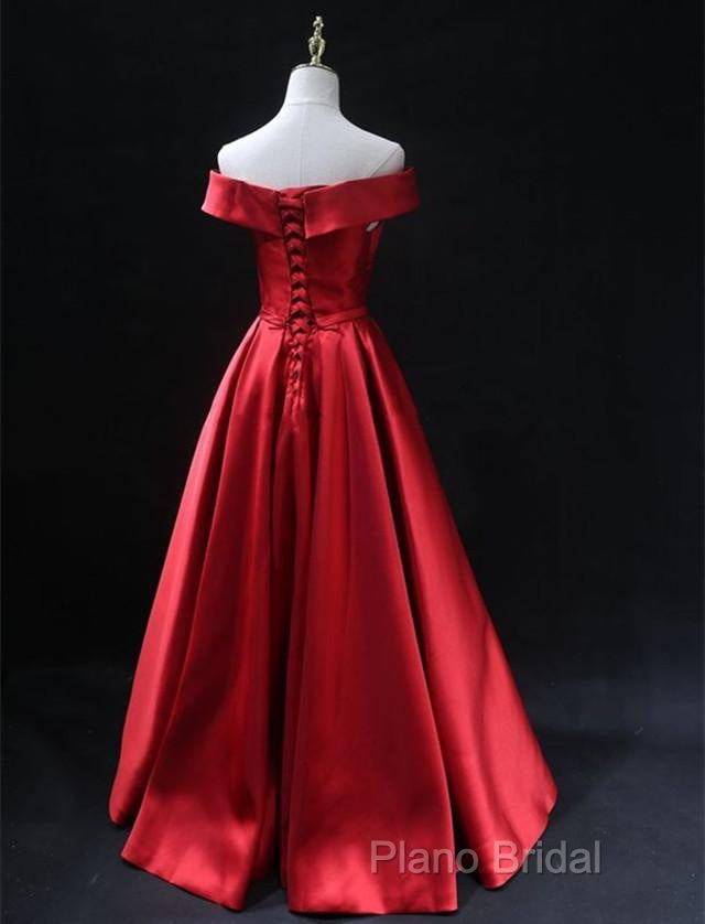 Long Red Satin Formal Prom Dresses Off The Shoulder Formal Gowns