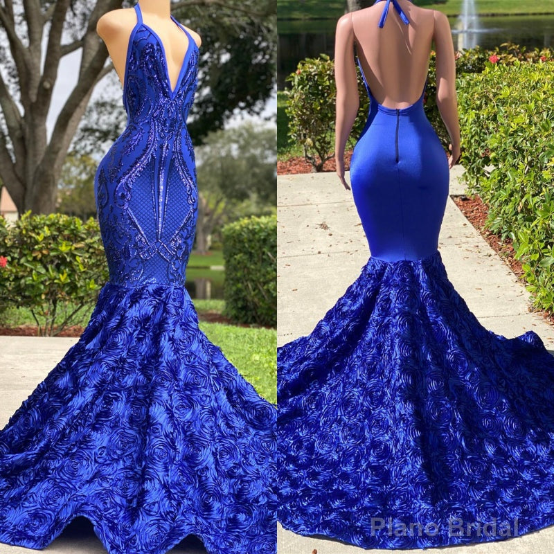 Long Royal Blue Mermaid Prom Dresses V Neck Open Backs Main image