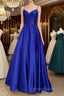 Long Royal Blue V Neck Formal Prom Dresses Spaghetti Strap
