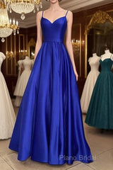 Long Royal Blue V Neck Formal Prom Dresses Spaghetti Strap
