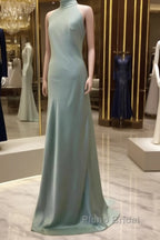 Long Satin Draped Sage Green Halter Bridesmaid Dresses