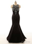 Long Satin Evening Gown Beaded Black Crystals Mermaid Prom Dresses