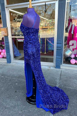 Long Sequin Formal Prom Dresses  Royal Blue Formal Dresses One-Shoulder