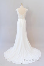 Long Sheath  Illusion Lace Wedding Dress with Cap Sleeve